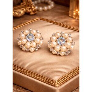 Vintage Mid Century Pearl Cluster Clip On Earrings Aurora Borealis Rhinestone